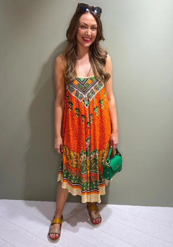 Serafina Collection Luna Print One Size Midi Dress, Orange Trendy Floral Wrap Midi Dress