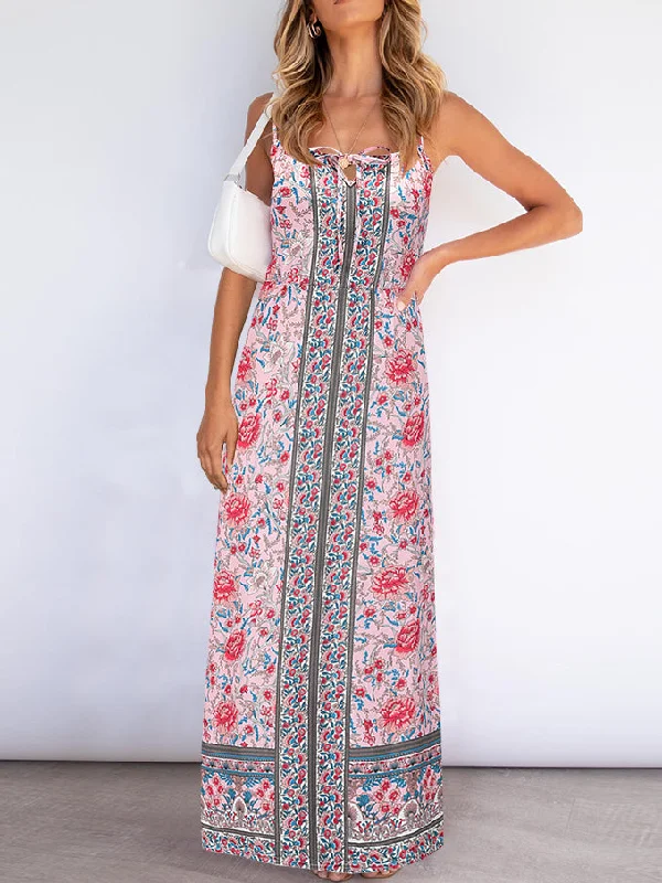 Sleeveless Floral Backless Adjustable Sphagetti Strap Maxi Dress Elegant Maxi Dress with Belt