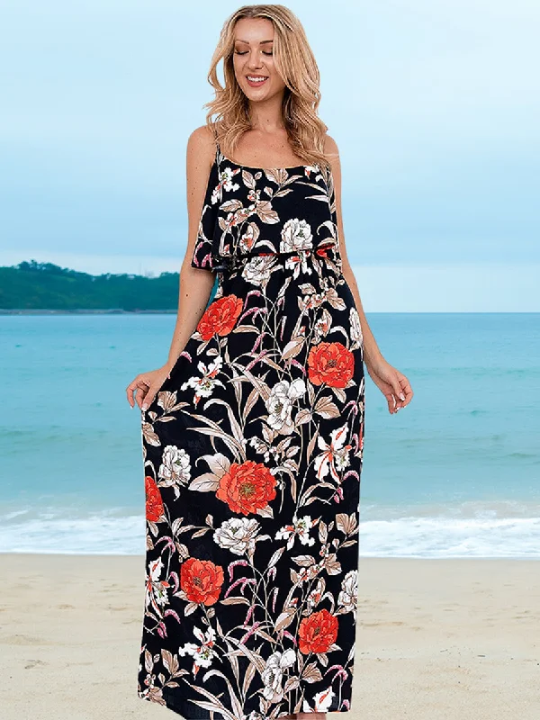 Sleeveless Floral Spaghetti Strap Long Maxi Dress Comfortable Long-Sleeve Maxi Dress