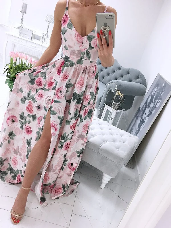 Spaghetti Strap Sleeveless Floral Side Split Maxi Dress Trendy Maxi Dress with Straps