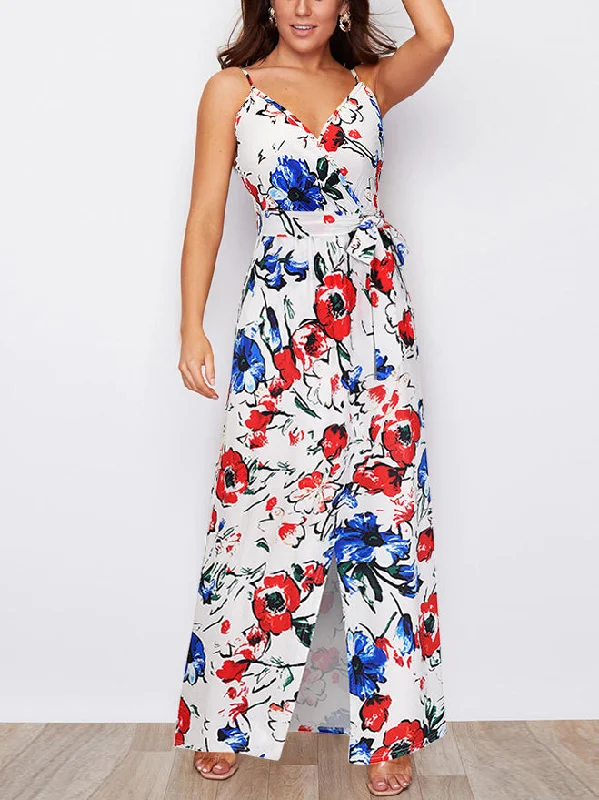 Spaghetti Strap Tie Waist Front Split Floral Maxi Dress Fashionable Asymmetrical Maxi Dress