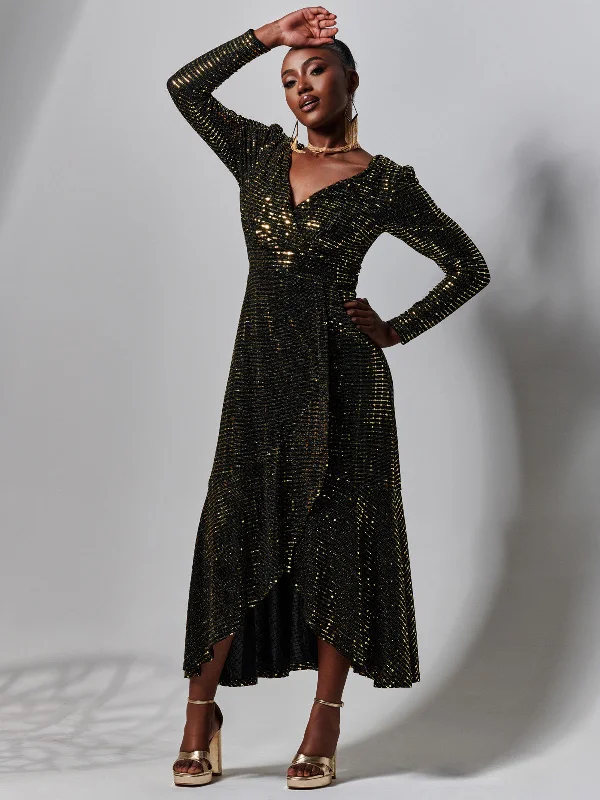 Sparkly Glitter Wrap Flare Maxi Dress, Gold Classic A-Line Maxi Dress