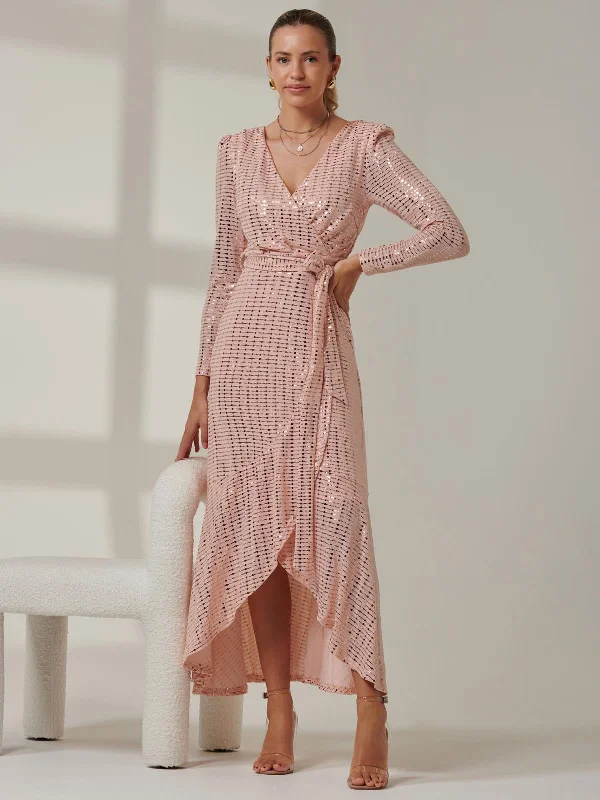 Sparkly Glitter Wrap Flare Maxi Dress, Dusty Pink Chic Summer Maxi Dress