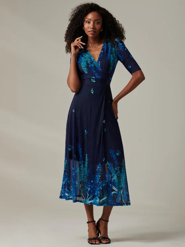 Stella Floral Print Wrap Mesh Maxi Dress, Navy Blue Multi Comfortable Maxi Dress with Belt