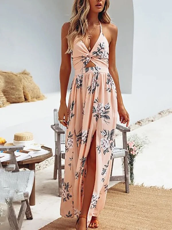 Strap V-neck Floral Maxi Dress Stylish A-Line Maxi Dress