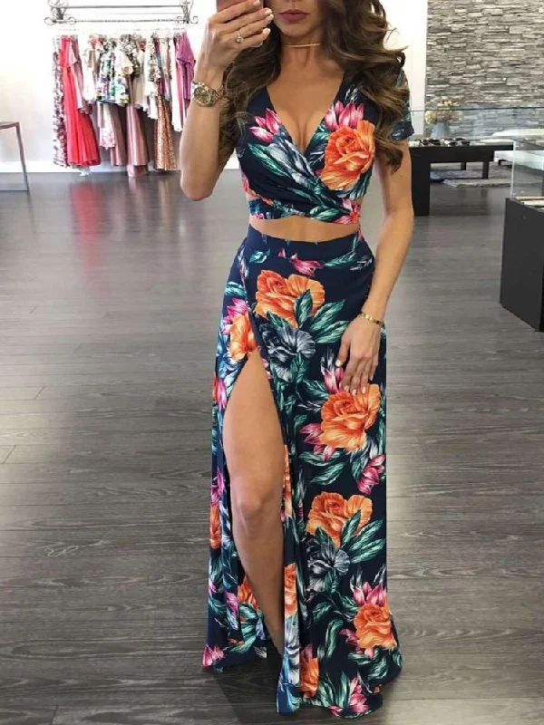 Stylish High Slit Floral Print Maxi Dress Set Trendy Maxi Dress with Belt