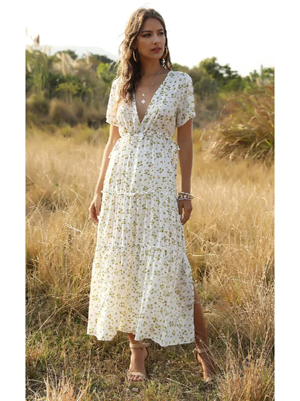 Summer Floral Print Ruffles Boho Maxi Dress Elegant Velvet Maxi Dress