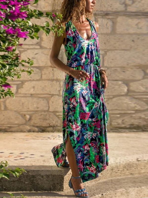 Summer Women Fashion Sexy Causal Elegant Sleeveless Floral Hollow-out Back Maxi Dress Trendy Maxi Dress with Belt