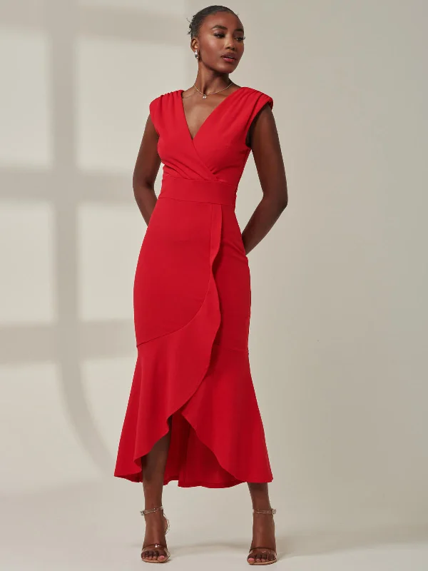 Tara Sleeveless Draped Maxi Dress, Red Fashionable Printed Maxi Dress