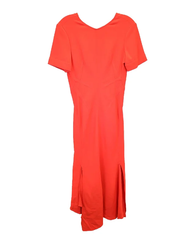 Asymmetric Cady Midi Dress with Side Split and Open Back in Coral Viscose Elegant Satin Midi Dress