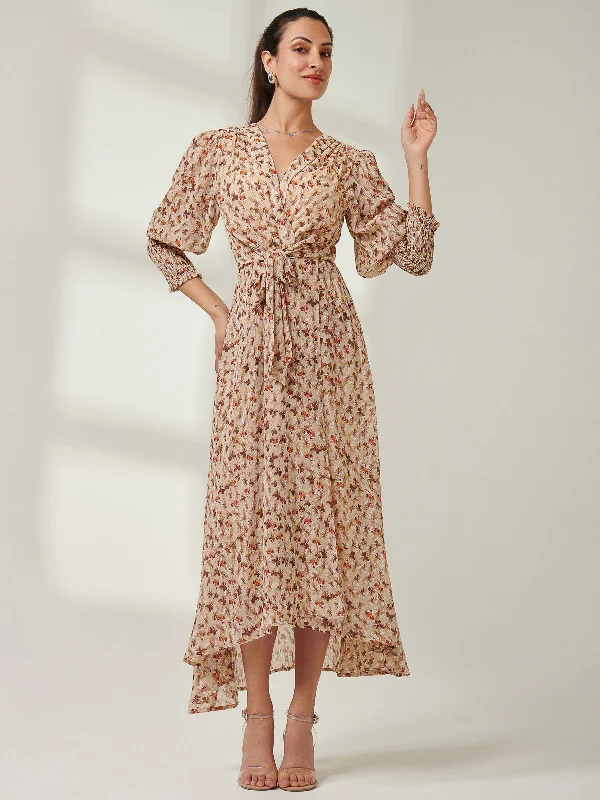 V Neck Tie Waist Puff Sleeve Maxi Dress, Brown Floral Classic Solid Maxi Dress