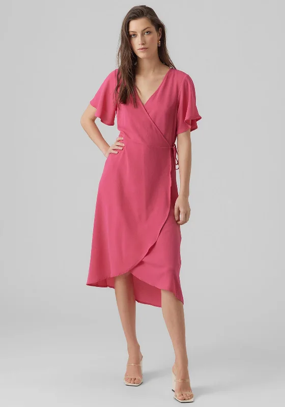 Vero Moda Saki Wrap Midi Dress, Pink Yarrow Comfortable Fit-and-Flare Midi Dress