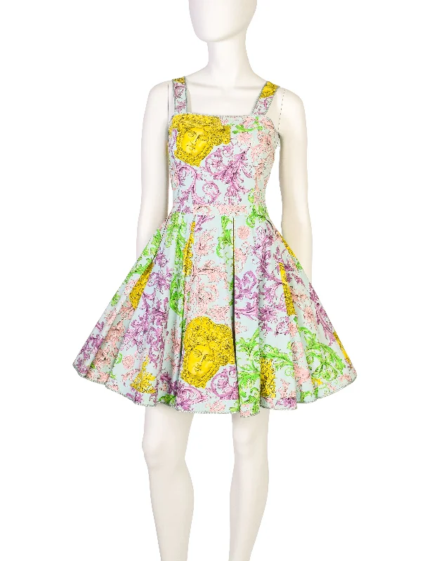 Versace Jeans Couture Vintage 1992 Pastel Baroque Medusa Print Full Skirt Mini Dress Fashionable Mini Dress with Frills Versace Jeans Couture Vintage 1992 Pastel Baroque Medusa Print Full Skirt Mini Dress Fashionable Mini Dress with Frills
