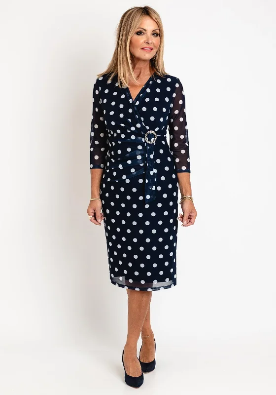 Via Veneto Polka Dot Mesh Midi Dress, Navy Trendy Off-Shoulder Button Midi Dress