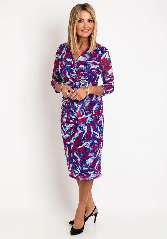 Via Veneto Print Mesh Midi Dress, Blue & Red Elegant Floral Skirt Midi Dress