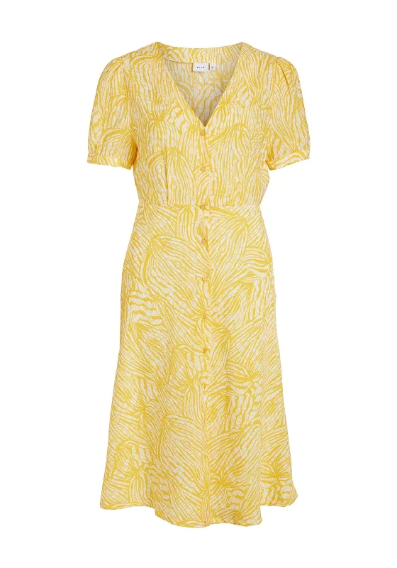 Vila Imia Button A-Line Midi Dress, Solar Power Elegant Sleeveless Midi Dress