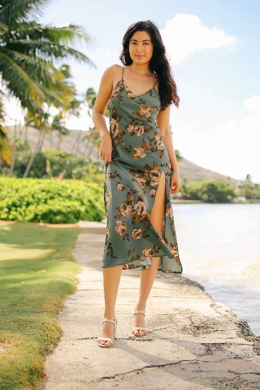 Vintage Floral Slit Midi Dress Elegant Sleeveless Midi Dress