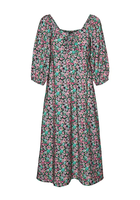 Vero Moda Nico Floral Print Midi Dress, Black Multi Stylish Wraparound Midi Dress