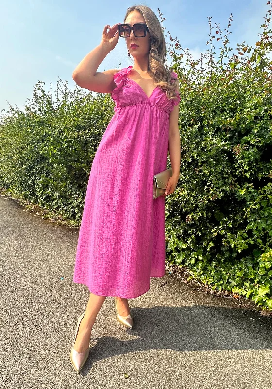 Vero Moda Frill Shoulder Midi Dress, Phlox Pink Cozy Ribbed Knit Midi Dress