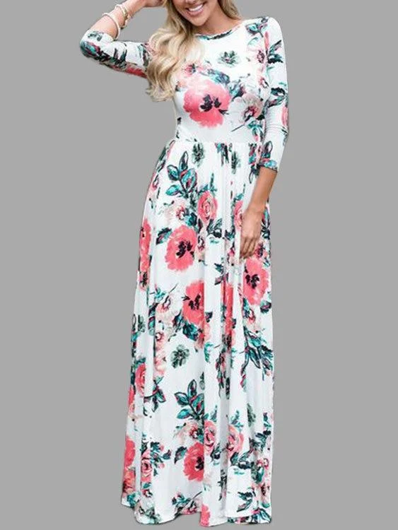 White Random Floral Print 3-4 Length Sleeves Maxi Dresses Trendy V-Neck Maxi Dress