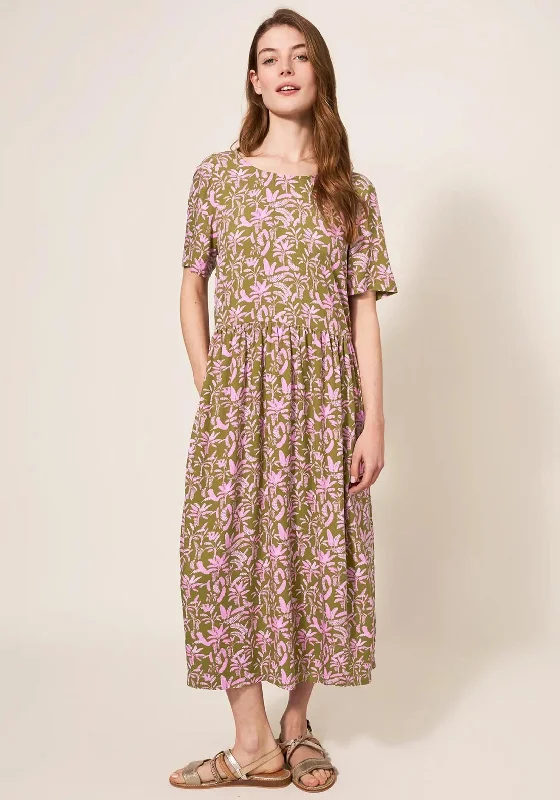White Stuff Elisa Leaf Print Midi Dress, Green & Pink Fashionable Plaid Midi Dress