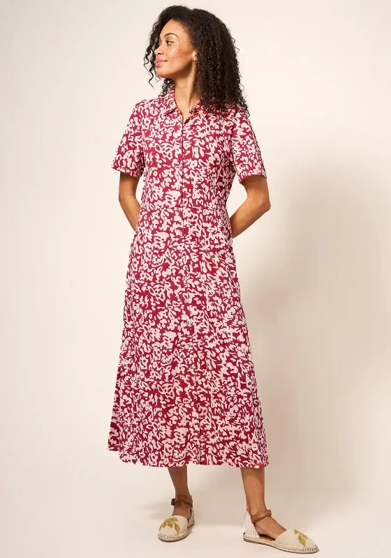 White Stuff Rua Print Jersey Midi Dress, Red Multi Stylish Off-Shoulder Ruffle Dress