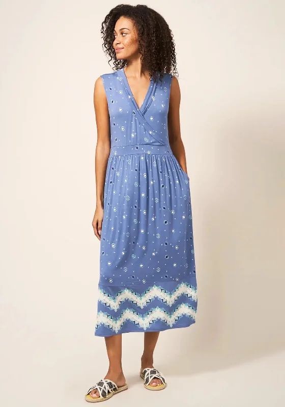 White Stuff Zoe Print Jersey Midi Dress, Blue Elegant Floral Appliqué Midi Dress