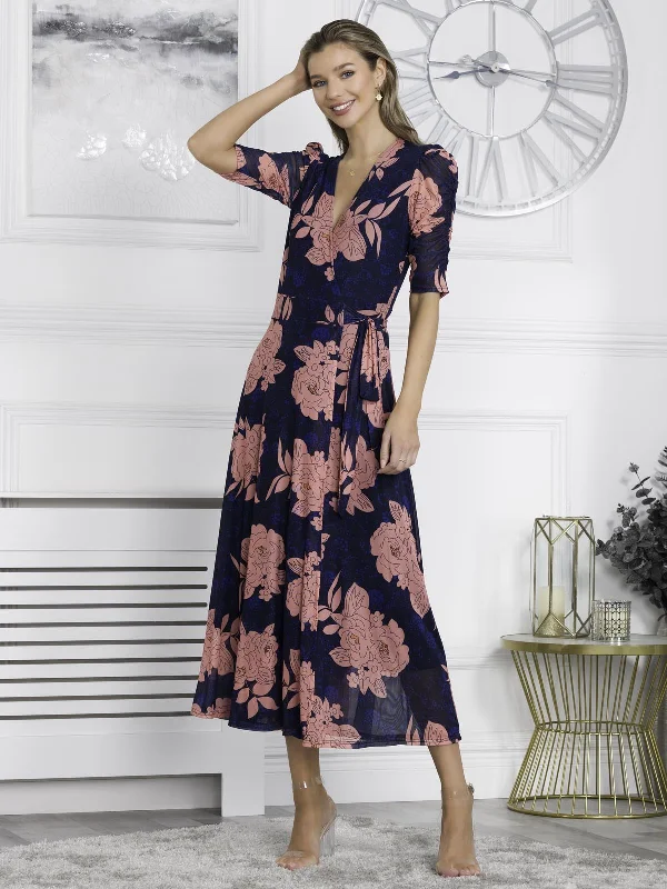 Winona Mesh Wrap Maxi Dress, Navy Floral Fashionable Off-Shoulder Maxi Dress