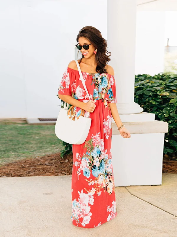 Women Floral Print Off Shoulder Maxi Dresses Fashionable Maxi Dress with Fringe