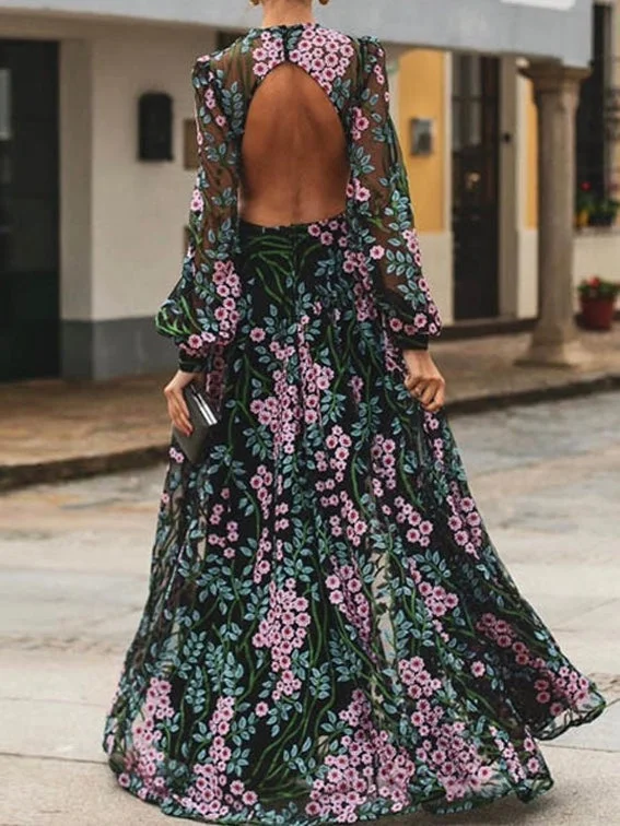 Women Floral Vintage Long Sleeve Backless Long Maxi Dress Cozy Spaghetti Strap Maxi Dress