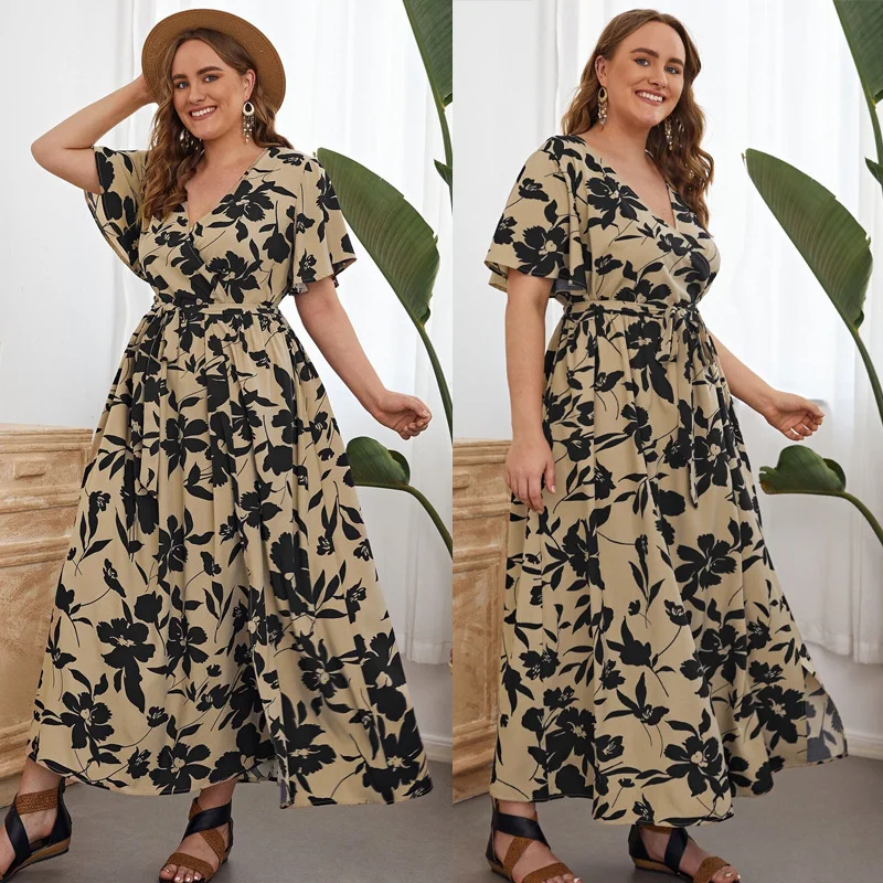 Women Plus Size Casual Floral Print V Neck Short Sleeve Loose Maxi Dress Stylish Boho Chic Maxi Dress