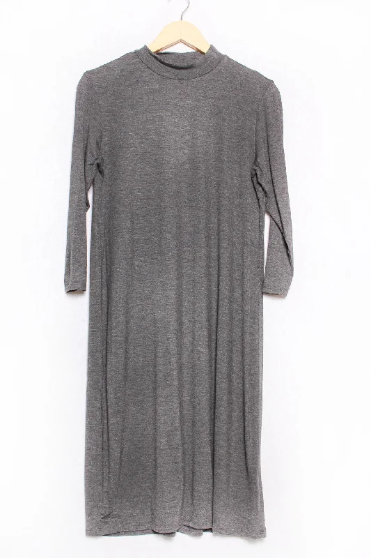 Women's 3/4 Sleeve High Neck Solid Midi Dress Trendy Ruffle Hem Midi Dress