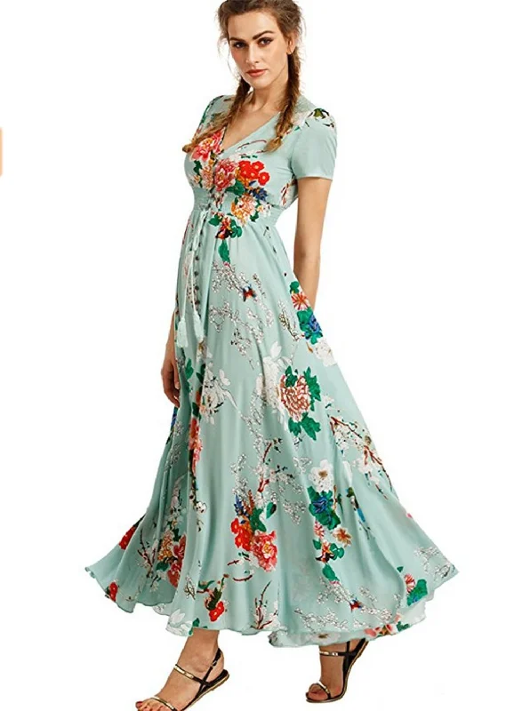 Women s Boho V Neck High Waist Slit Floral Maxi Dress Stylish Pleated A-Line Maxi Dress