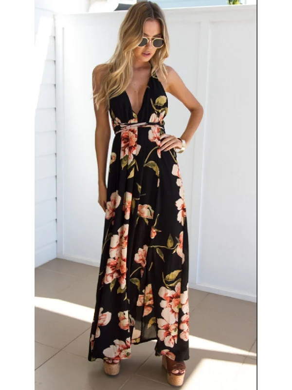 Deep V Neck Backless Spaghetti Strap Floral Casual Maxi Dress Cozy Knitted Maxi Dress