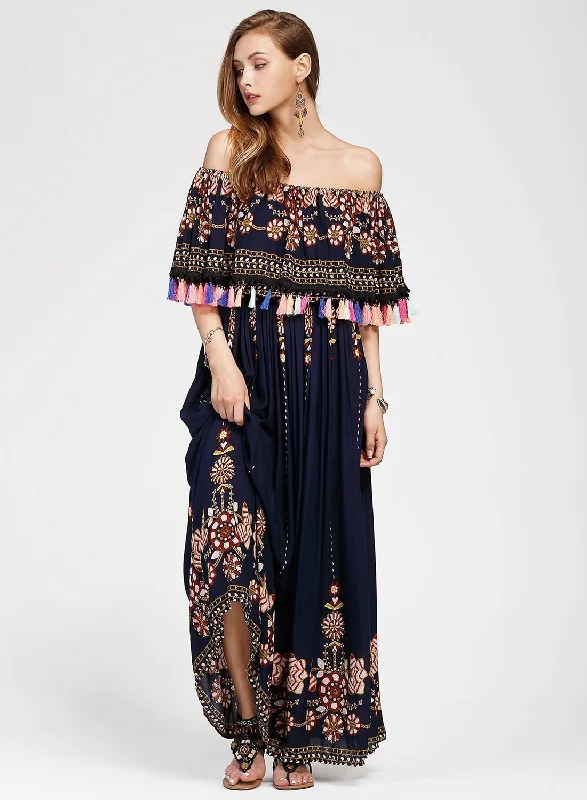 Women s Fashion Boho Floral off Shoulder Maxi Dress Elegant Lace-Up Maxi Dress