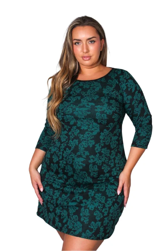 Women's Plus Long Sleeve Scoop Neck Embroidered Floral Midi Dress Trendy Off-Shoulder Button Midi Dress