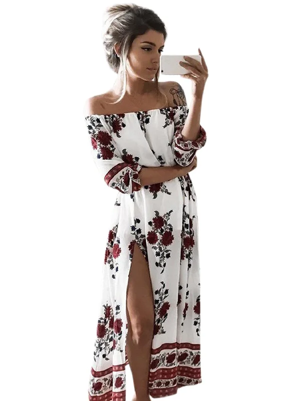 Women s PUff Sleeve Off Shoulder Floral Printed Maxi Dress Elegant Maxi Dress with Drapes