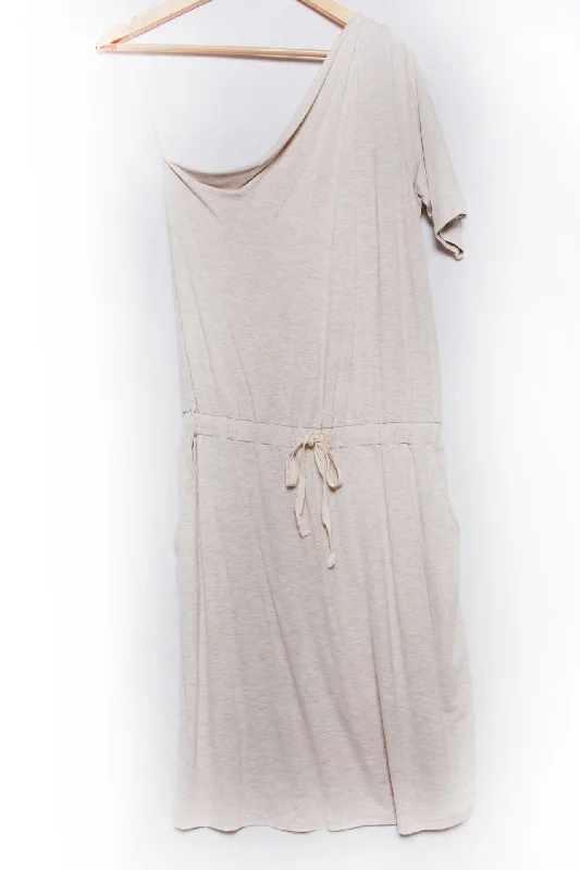 Women's Short Sleeve Asymmetrical Neck Solid Midi Dress Comfortable Wrap Midi Dress