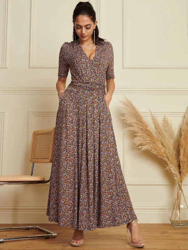 Wrap Front Viscose Maxi Dress, Navy Floral Fashionable Layered Maxi Dress