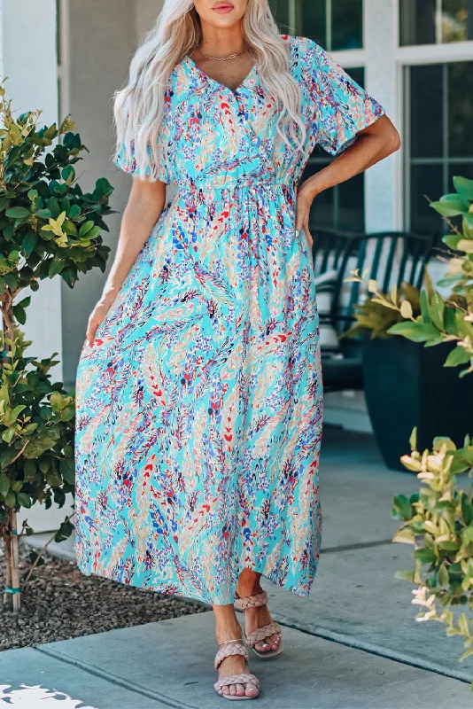 Wrap V Neck Floral Maxi Dress Stylish Button-Up Maxi Dress