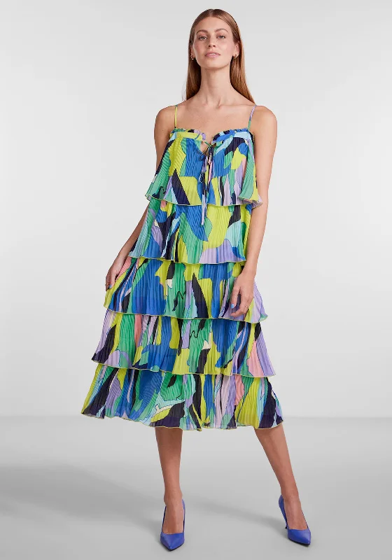 Y.A.S Pimo Abstract Print Frill Midi Dress, French Blue Trendy Fit-and-Flare Midi Dress