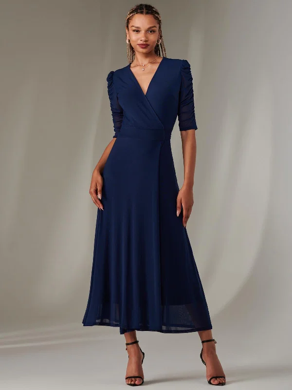 Zeena Plain Wrap Mesh Maxi Dress, Navy Casual Maxi Dress with Pockets