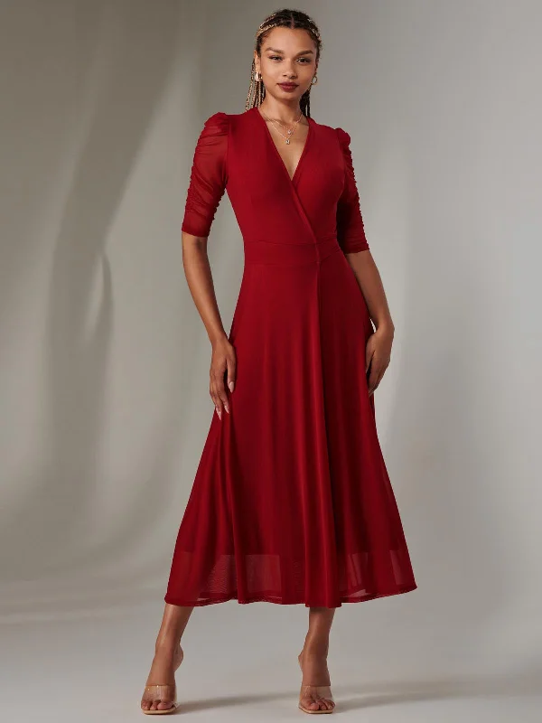 Zeena Plain Wrap Mesh Maxi Dress, Wine Classic V-Neck Maxi Dress