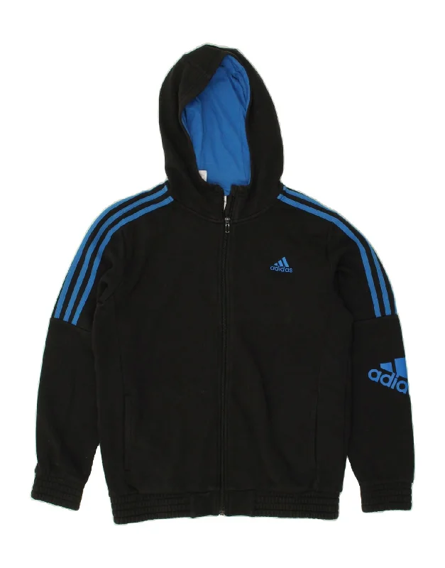 ADIDAS Boys Graphic Zip Hoodie Sweater 13-14 Years Black Cotton Hoodie with Ribbed Hem Stretchable Secure