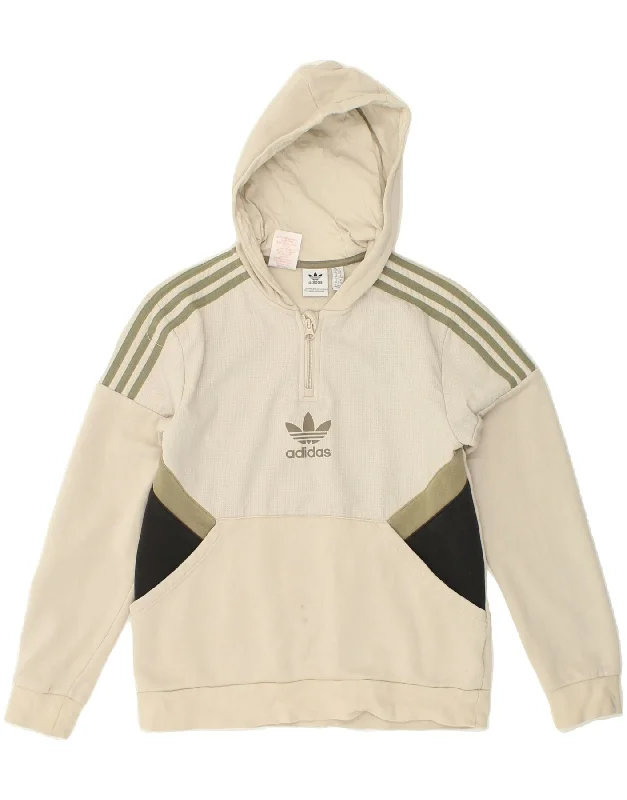 ADIDAS Boys Hoodie Jumper 13-14 Years Beige Colourblock Cotton Hoodie with Elastic Waist Stretchable Comfortable