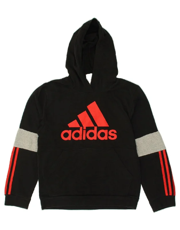 ADIDAS Boys Tall Graphic Hoodie Jumper 15-16 Years XL Black Colourblock Hoodie with Stripes Bold Sporty