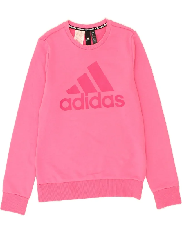 ADIDAS Girls Graphic Sweatshirt Jumper 13-14 Years Pink Cotton Hoodie with Reflective Safety Nightwear