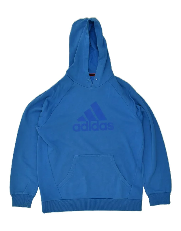 ADIDAS Mens Graphic Hoodie Jumper Large Blue Cotton Hoodie with Button Placket Classic Preppy