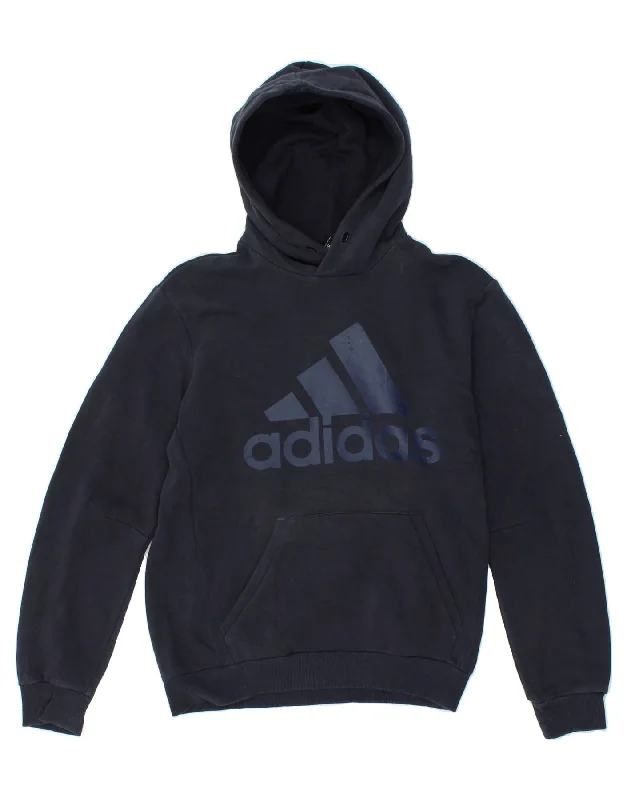 ADIDAS Mens Graphic Hoodie Jumper Small Navy Blue Cotton Hoodie with Drop Shoulder Relaxed Streetwear