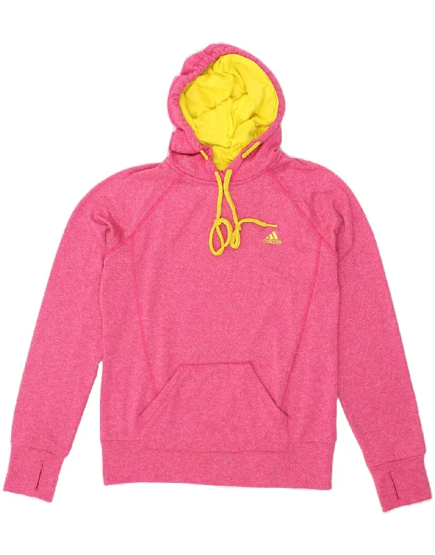 ADIDAS Womens Hoodie Jumper UK 10 Small Pink Flecked Polyester Cotton Hoodie Fleece Lining Warmth